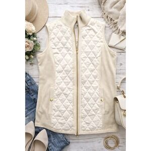 Susan Graver Quilted Knit Vest Women's Medium Cream Zip Front Sleeveless Pockets